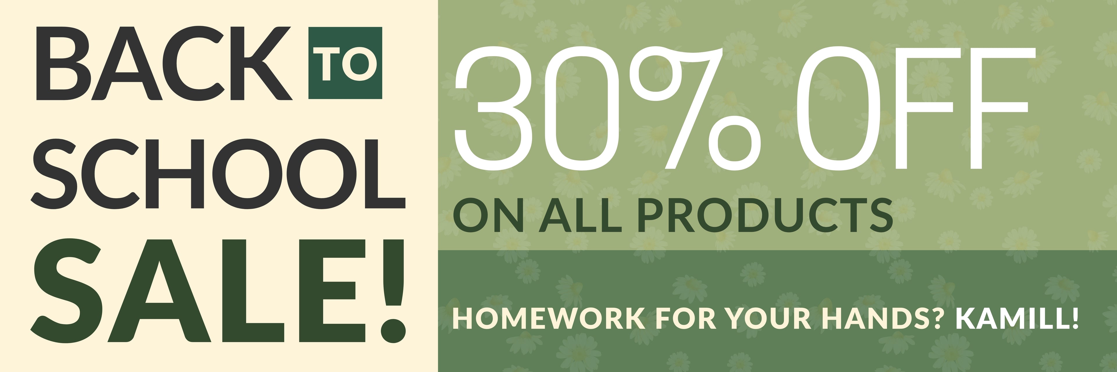 Promotional banner for a back-to-school sale with 30% off on all products, featuring the brand 'Kamill'.
